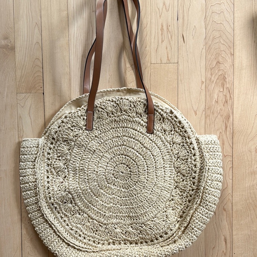 H&M Cream and Brown Woven Tote Bag with Leather Handles